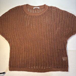 UEU Rust Terracotta Open Knit Crochet Sweater Medium Boho Mesh Fall Layers Boxy